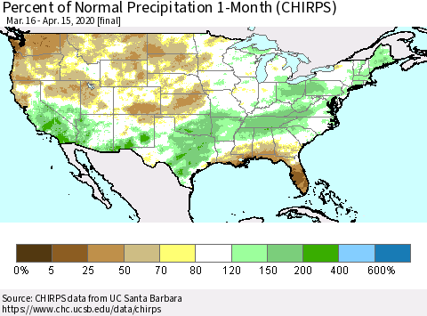 United States Percent of Normal Precipitation 1-Month (CHIRPS) Thematic Map For 3/16/2020 - 4/15/2020