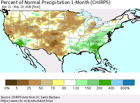 United States Percent of Normal Precipitation 1-Month (CHIRPS) Thematic Map For 4/11/2020 - 5/10/2020