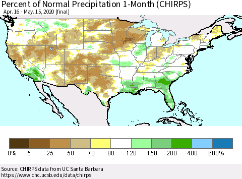 United States Percent of Normal Precipitation 1-Month (CHIRPS) Thematic Map For 4/16/2020 - 5/15/2020
