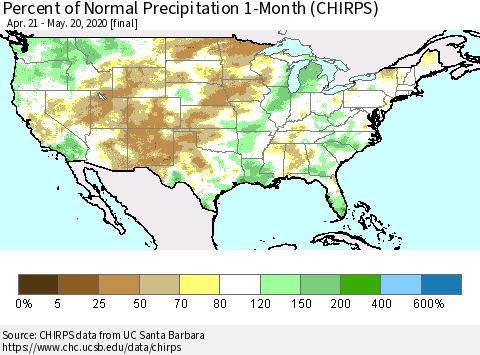 United States Percent of Normal Precipitation 1-Month (CHIRPS) Thematic Map For 4/21/2020 - 5/20/2020