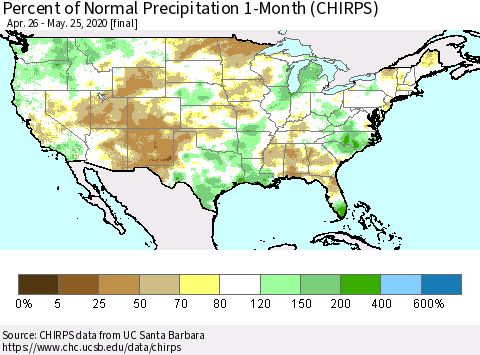 United States Percent of Normal Precipitation 1-Month (CHIRPS) Thematic Map For 4/26/2020 - 5/25/2020