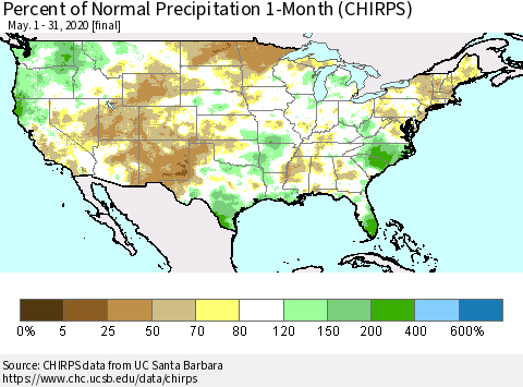 United States Percent of Normal Precipitation 1-Month (CHIRPS) Thematic Map For 5/1/2020 - 5/31/2020