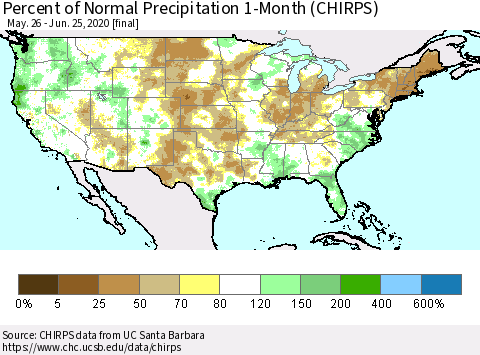 United States Percent of Normal Precipitation 1-Month (CHIRPS) Thematic Map For 5/26/2020 - 6/25/2020