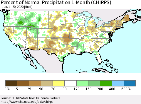 United States Percent of Normal Precipitation 1-Month (CHIRPS) Thematic Map For 6/1/2020 - 6/30/2020