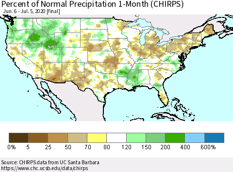 United States Percent of Normal Precipitation 1-Month (CHIRPS) Thematic Map For 6/6/2020 - 7/5/2020