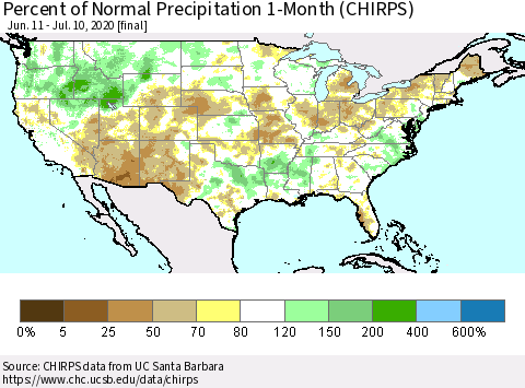 United States Percent of Normal Precipitation 1-Month (CHIRPS) Thematic Map For 6/11/2020 - 7/10/2020
