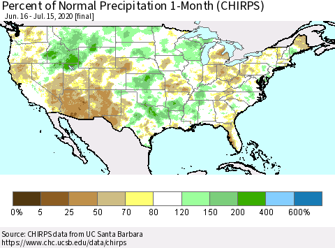 United States Percent of Normal Precipitation 1-Month (CHIRPS) Thematic Map For 6/16/2020 - 7/15/2020
