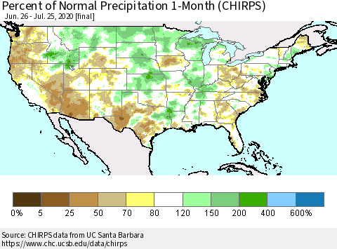 United States Percent of Normal Precipitation 1-Month (CHIRPS) Thematic Map For 6/26/2020 - 7/25/2020
