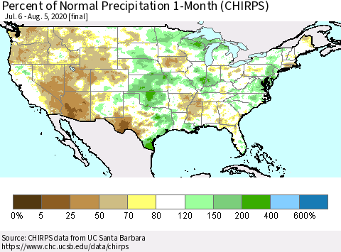 United States Percent of Normal Precipitation 1-Month (CHIRPS) Thematic Map For 7/6/2020 - 8/5/2020