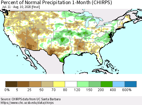 United States Percent of Normal Precipitation 1-Month (CHIRPS) Thematic Map For 7/11/2020 - 8/10/2020
