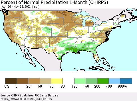 United States Percent of Normal Precipitation 1-Month (CHIRPS) Thematic Map For 4/16/2021 - 5/15/2021