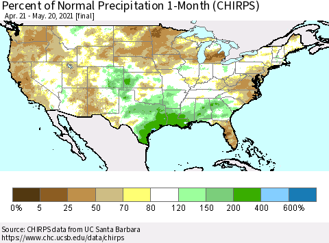United States Percent of Normal Precipitation 1-Month (CHIRPS) Thematic Map For 4/21/2021 - 5/20/2021