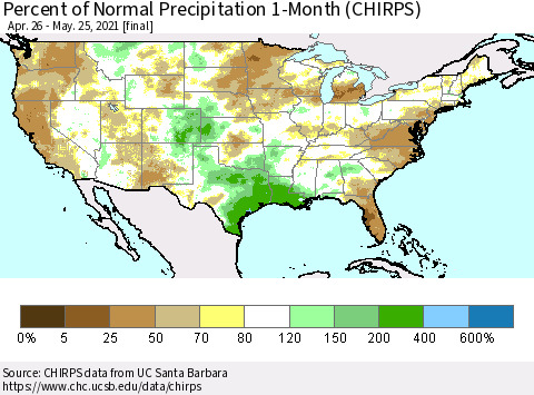 United States Percent of Normal Precipitation 1-Month (CHIRPS) Thematic Map For 4/26/2021 - 5/25/2021
