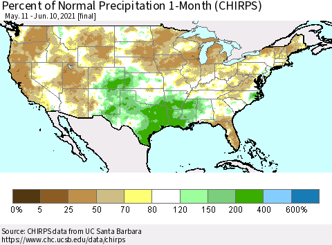 United States Percent of Normal Precipitation 1-Month (CHIRPS) Thematic Map For 5/11/2021 - 6/10/2021