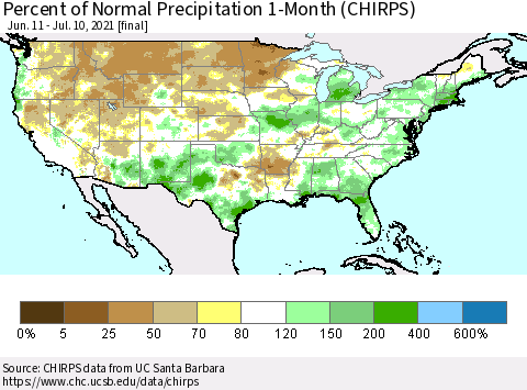 United States Percent of Normal Precipitation 1-Month (CHIRPS) Thematic Map For 6/11/2021 - 7/10/2021
