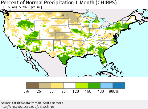 United States Percent of Normal Precipitation 1-Month (CHIRPS) Thematic Map For 7/6/2021 - 8/5/2021