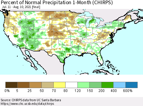United States Percent of Normal Precipitation 1-Month (CHIRPS) Thematic Map For 7/11/2021 - 8/10/2021