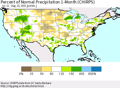 United States Percent of Normal Precipitation 1-Month (CHIRPS) Thematic Map For 7/11/2021 - 8/10/2021