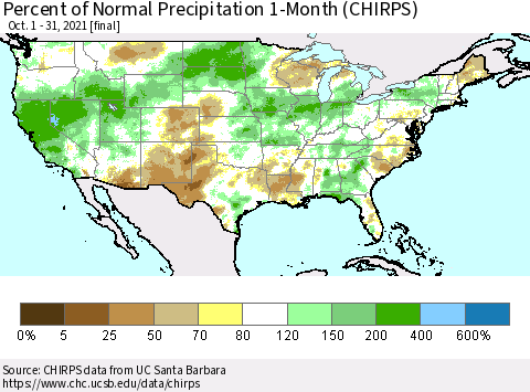 United States Percent of Normal Precipitation 1-Month (CHIRPS) Thematic Map For 10/1/2021 - 10/31/2021