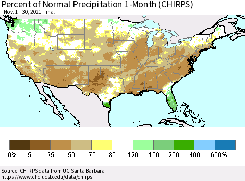 United States Percent of Normal Precipitation 1-Month (CHIRPS) Thematic Map For 11/1/2021 - 11/30/2021