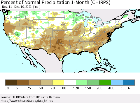 United States Percent of Normal Precipitation 1-Month (CHIRPS) Thematic Map For 11/11/2021 - 12/10/2021