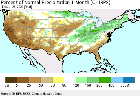 United States Percent of Normal Precipitation 1-Month (CHIRPS) Thematic Map For 2/1/2022 - 2/28/2022