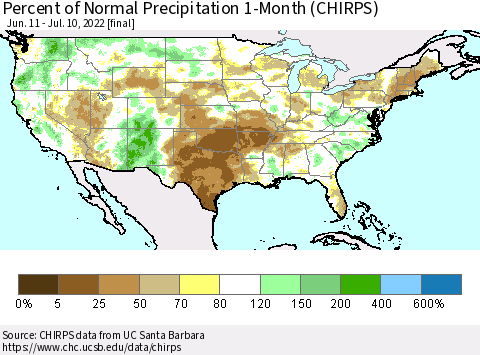 United States Percent of Normal Precipitation 1-Month (CHIRPS) Thematic Map For 6/11/2022 - 7/10/2022