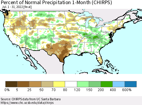 United States Percent of Normal Precipitation 1-Month (CHIRPS) Thematic Map For 7/1/2022 - 7/31/2022