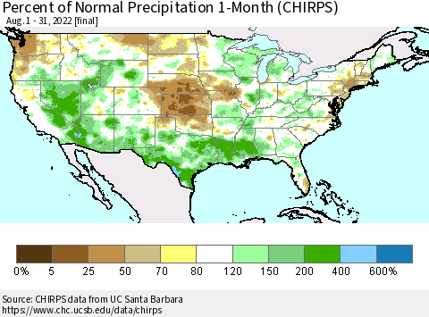 United States Percent of Normal Precipitation 1-Month (CHIRPS) Thematic Map For 8/1/2022 - 8/31/2022