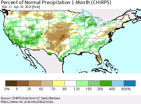 United States Percent of Normal Precipitation 1-Month (CHIRPS) Thematic Map For 3/11/2023 - 4/10/2023