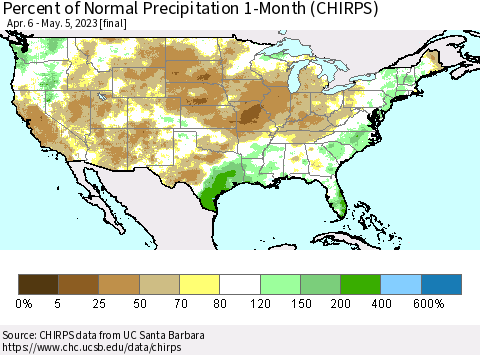 United States Percent of Normal Precipitation 1-Month (CHIRPS) Thematic Map For 4/6/2023 - 5/5/2023