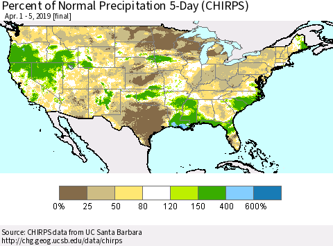 United States Percent of Normal Precipitation 5-Day (CHIRPS) Thematic Map For 4/1/2019 - 4/5/2019