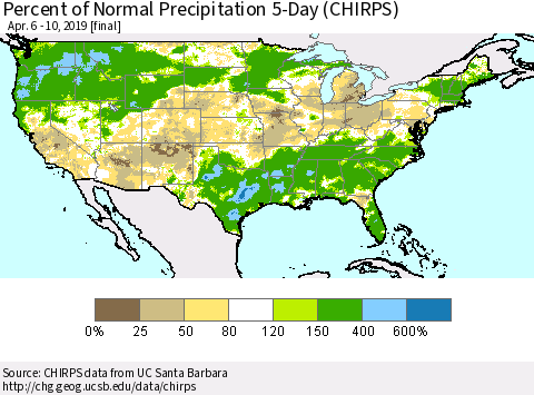 United States Percent of Normal Precipitation 5-Day (CHIRPS) Thematic Map For 4/6/2019 - 4/10/2019