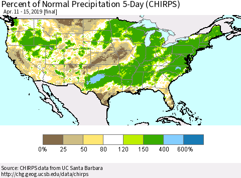 United States Percent of Normal Precipitation 5-Day (CHIRPS) Thematic Map For 4/11/2019 - 4/15/2019