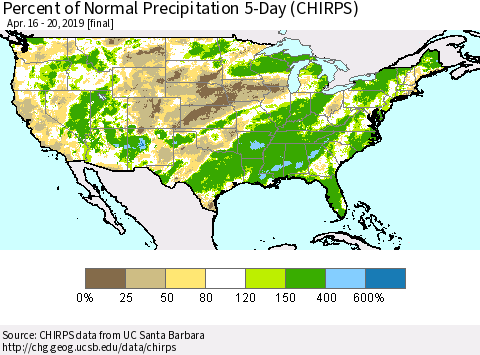 United States Percent of Normal Precipitation 5-Day (CHIRPS) Thematic Map For 4/16/2019 - 4/20/2019