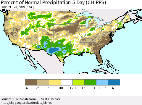 United States Percent of Normal Precipitation 5-Day (CHIRPS) Thematic Map For 4/21/2019 - 4/25/2019