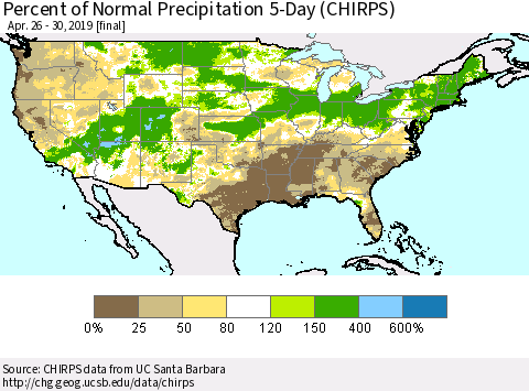 United States Percent of Normal Precipitation 5-Day (CHIRPS) Thematic Map For 4/26/2019 - 4/30/2019