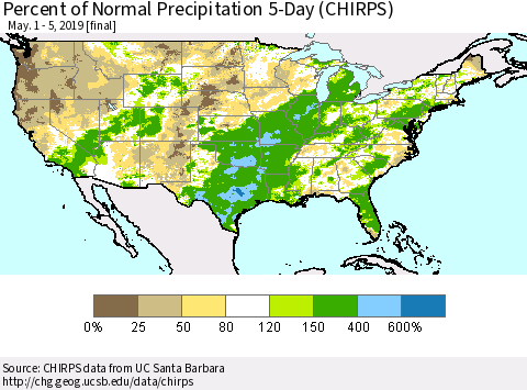 United States Percent of Normal Precipitation 5-Day (CHIRPS) Thematic Map For 5/1/2019 - 5/5/2019