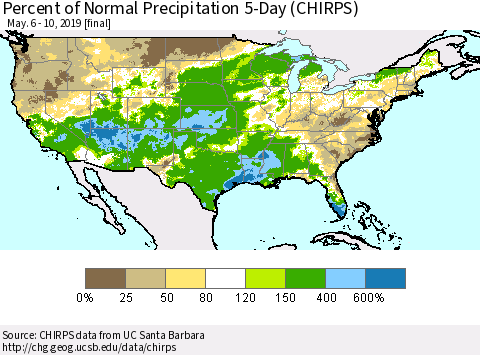 United States Percent of Normal Precipitation 5-Day (CHIRPS) Thematic Map For 5/6/2019 - 5/10/2019