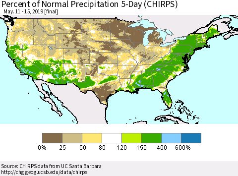United States Percent of Normal Precipitation 5-Day (CHIRPS) Thematic Map For 5/11/2019 - 5/15/2019