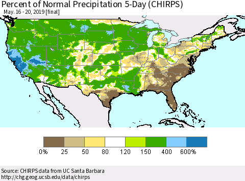 United States Percent of Normal Precipitation 5-Day (CHIRPS) Thematic Map For 5/16/2019 - 5/20/2019