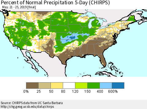 United States Percent of Normal Precipitation 5-Day (CHIRPS) Thematic Map For 5/21/2019 - 5/25/2019