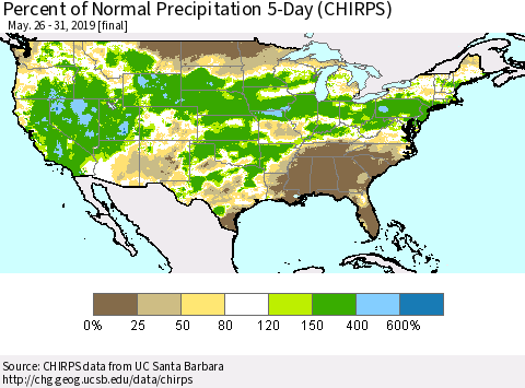 United States Percent of Normal Precipitation 5-Day (CHIRPS) Thematic Map For 5/26/2019 - 5/31/2019