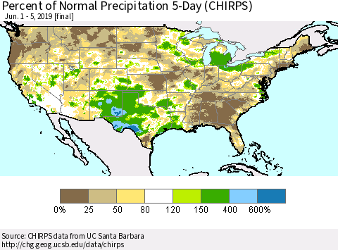 United States Percent of Normal Precipitation 5-Day (CHIRPS) Thematic Map For 6/1/2019 - 6/5/2019