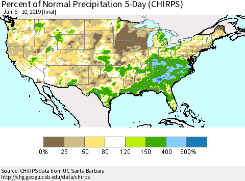 United States Percent of Normal Precipitation 5-Day (CHIRPS) Thematic Map For 6/6/2019 - 6/10/2019