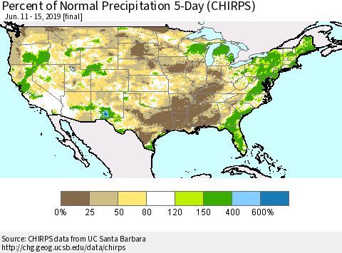 United States Percent of Normal Precipitation 5-Day (CHIRPS) Thematic Map For 6/11/2019 - 6/15/2019