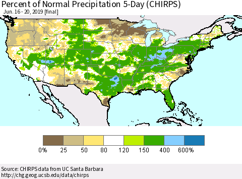 United States Percent of Normal Precipitation 5-Day (CHIRPS) Thematic Map For 6/16/2019 - 6/20/2019