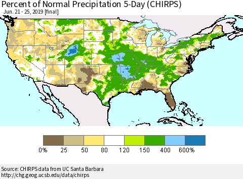 United States Percent of Normal Precipitation 5-Day (CHIRPS) Thematic Map For 6/21/2019 - 6/25/2019