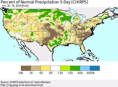 United States Percent of Normal Precipitation 5-Day (CHIRPS) Thematic Map For 6/26/2019 - 6/30/2019