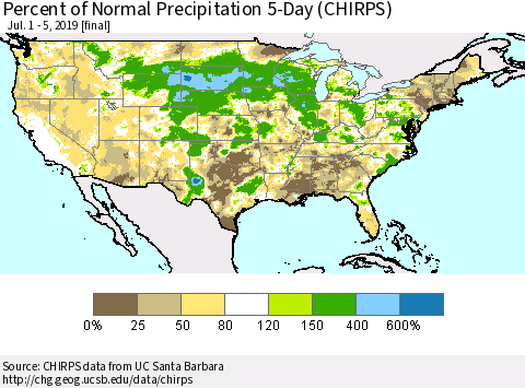 United States Percent of Normal Precipitation 5-Day (CHIRPS) Thematic Map For 7/1/2019 - 7/5/2019
